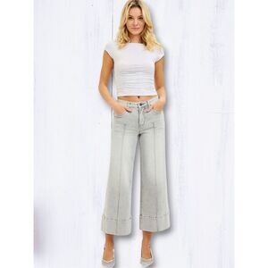 Risen Light Gray Pintuck Front Wide Leg Crop Jeans Mid Rise Tummy Control NWT